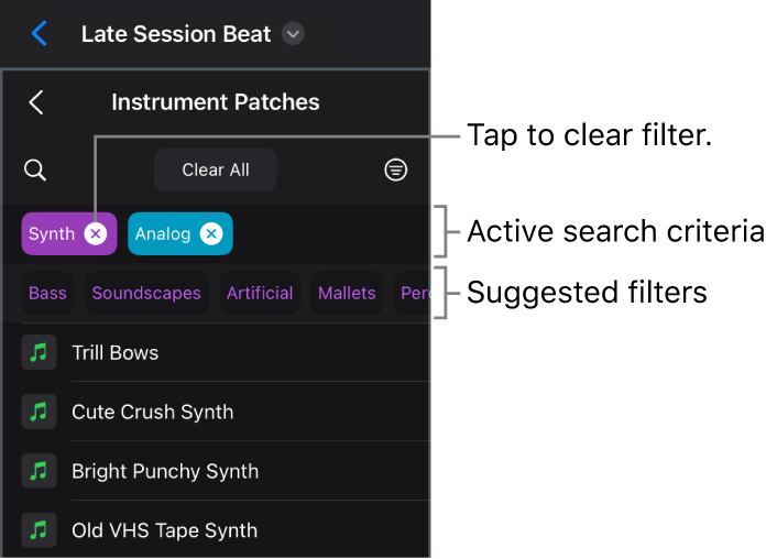 Figure. Instrument Patches view in the Browser showing active search criteria and suggested filters.