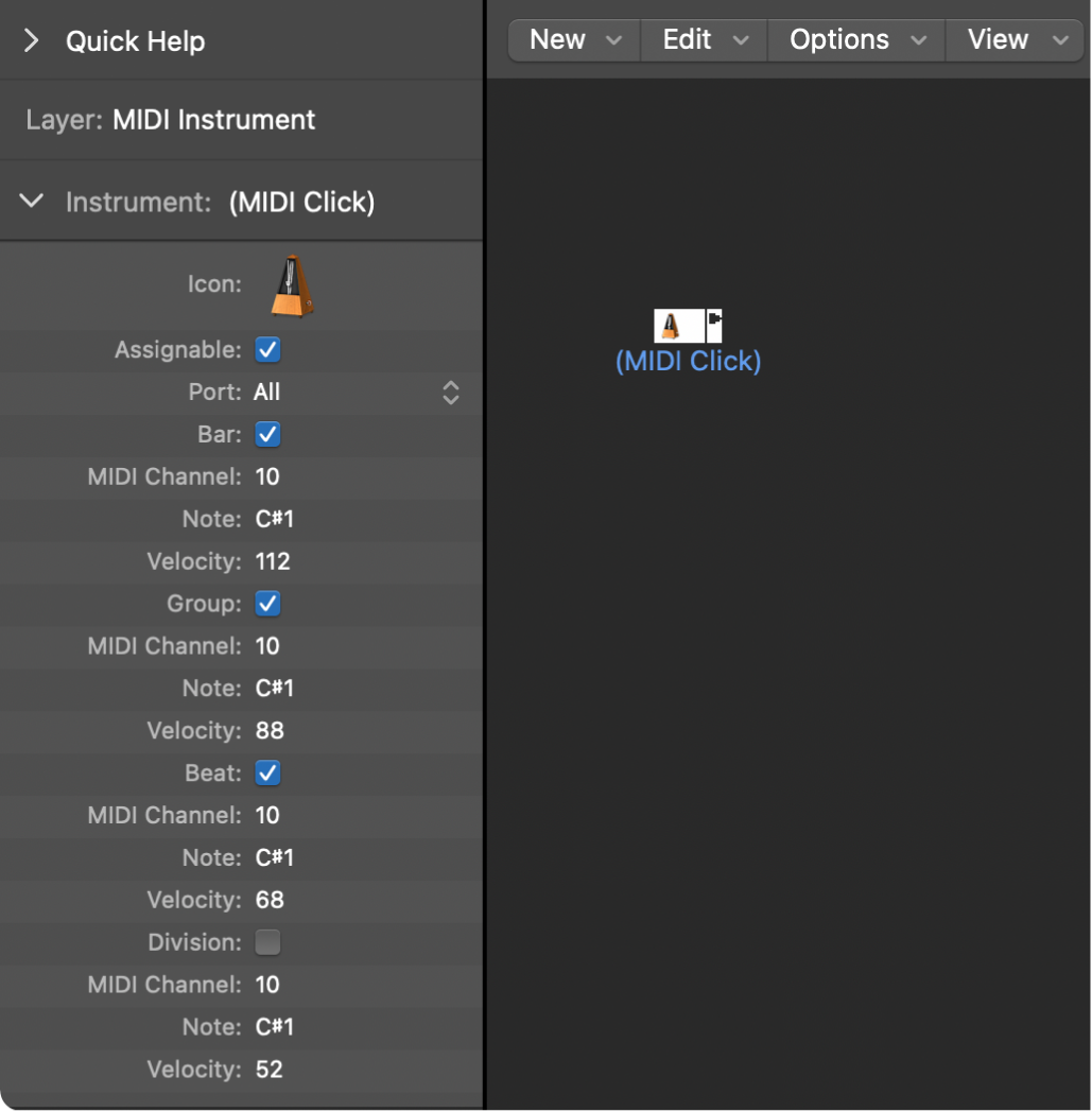 Figure. Environment window showing a MIDI click object and its inspector.