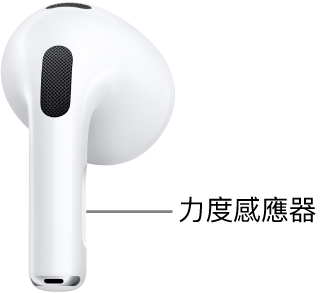 AirPods（第 3 代）力度感應器的位置，其位於每邊 AirPods 的耳筒柄上。