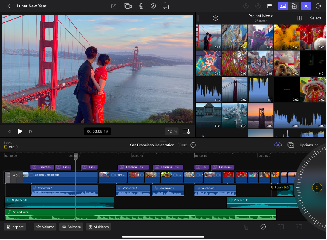 The main workspace in Final Cut Pro for iPad, with the viewer and browser at the top, and the timeline at the bottom.