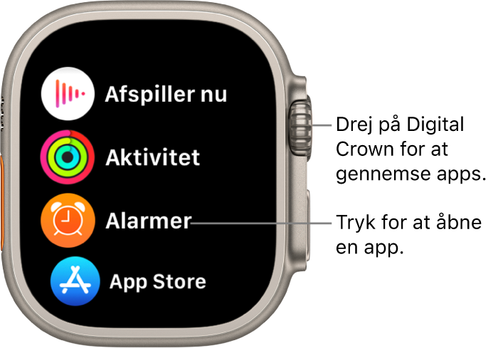 Hjemmeskærm i listeoversigt på Apple Watch med apps på en liste. Tryk på en app for at åbne den. Rul for at se flere apps.