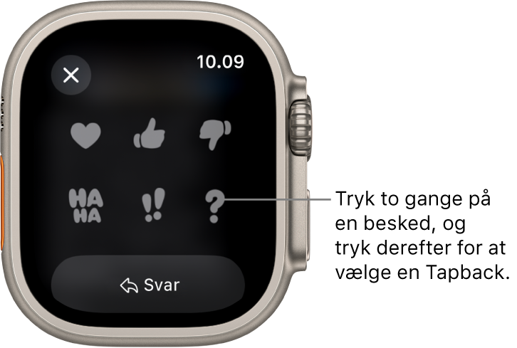 En samtale i Beskeder med indstillinger til Tapback: hjerte, tommelfinger op, tommelfinger ned, Ha Ha, !! og ?. Knappen Svar er nedenunder.