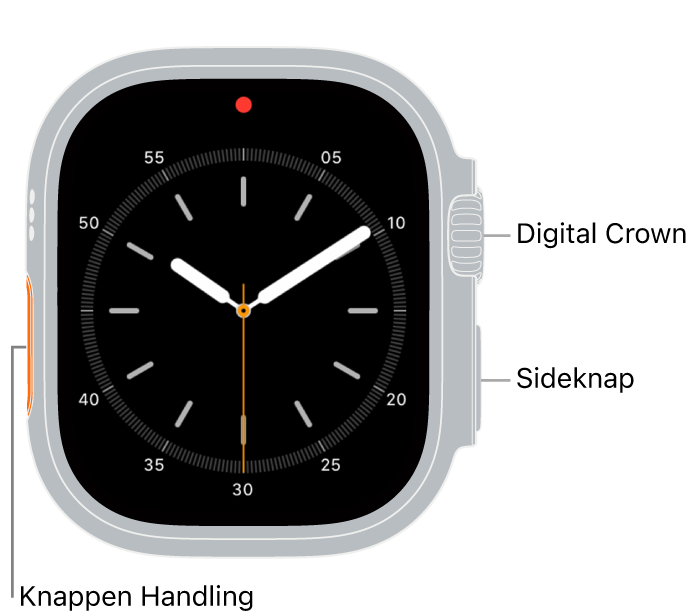 Forsiden af Apple Watch Ultra, hvor skærmen viser urskiven og Digital Crown, mikrofonen og sideknappen fra top til bund på siden af uret.