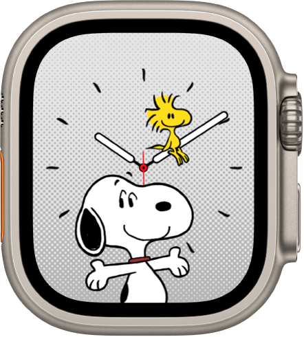 The Snoopy watch face showing Snoopy and Woodstock. Snoopy smiles and offers a “ta-da” pose. Woodstock is perched on the minute hand, looking content.