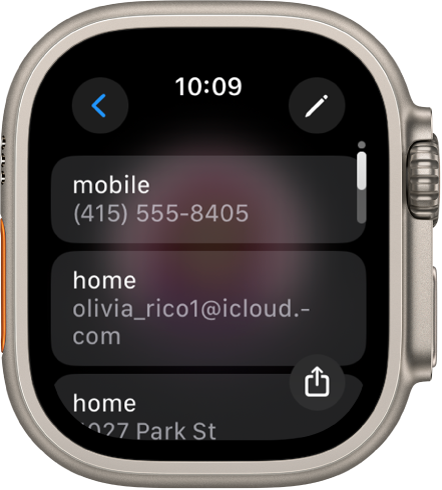 The Contacts app showing contact details. The Edit button appears at the top right. Three fields appear in the middle of the screen—phone number, email address, and home address. A Share button is at the bottom right and a Back button is at the top left.