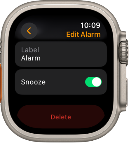 Edit Alarm screen, with the Delete button at the bottom.