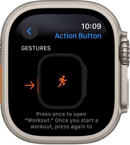 The Action Button screen on Apple Watch Ultra showing Workout as the assigned action and app. Pressing the Action button once opens the Workout app.