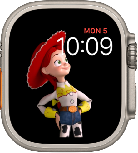 The Toy Story watch face shows the day, date, and time at the top right and an animated Jessie in the left of the screen.