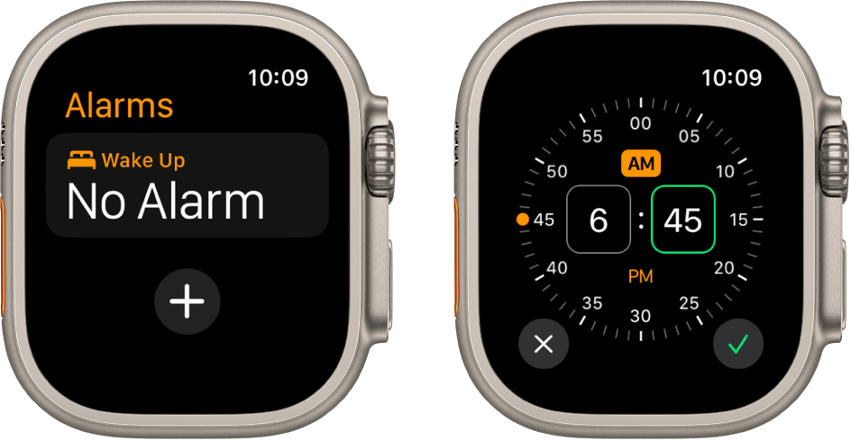 Two watch screens showing the process for adding an alarm: Tap Add Alarm, tap AM or PM, turn Digital Crown to adjust the time, then tap the check button.