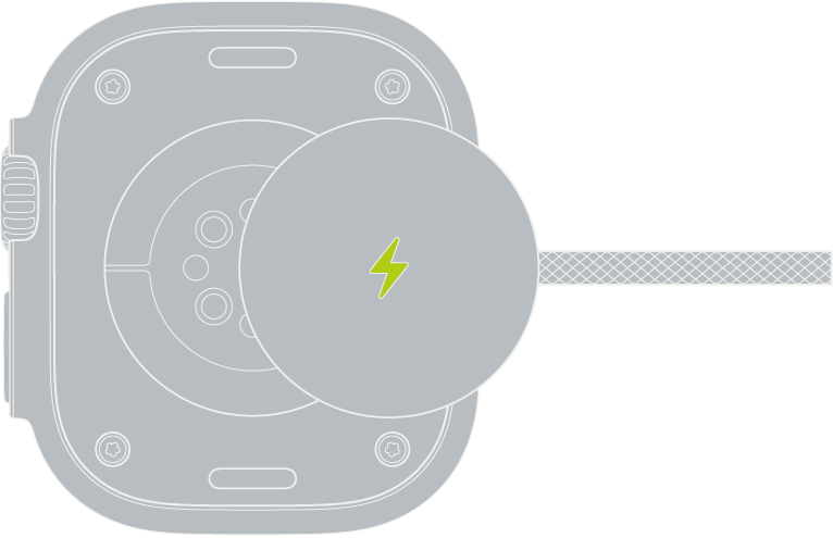 The concave end of the Apple Watch Magnetic Fast Charger to USB-C Cable snaps to the back of Apple Watch magnetically.