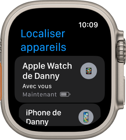 L’app Localiser appareils affichant deux appareils : une Apple Watch et un iPhone.