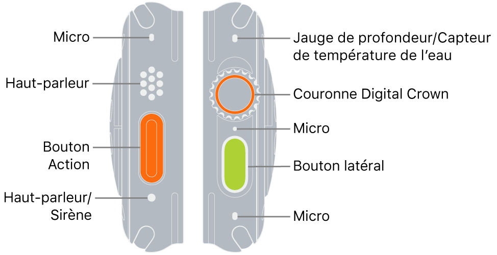 Les deux côtés de l’Apple Watch Ultra. L’image de gauche présente l’arrière gauche de l’Apple Watch Ultra. De haut en bas, des légendes indiquent un micro, un haut-parleur, le bouton Action et un port de haut-parleur qui émet la sirène. L’image de droite présente l’arrière droit de l’Apple Watch Ultra. De haut en bas, des légendes indiquent le capteur de profondeur et de température de l’eau, la Digital Crown, un micro, le bouton latéral et un autre micro.