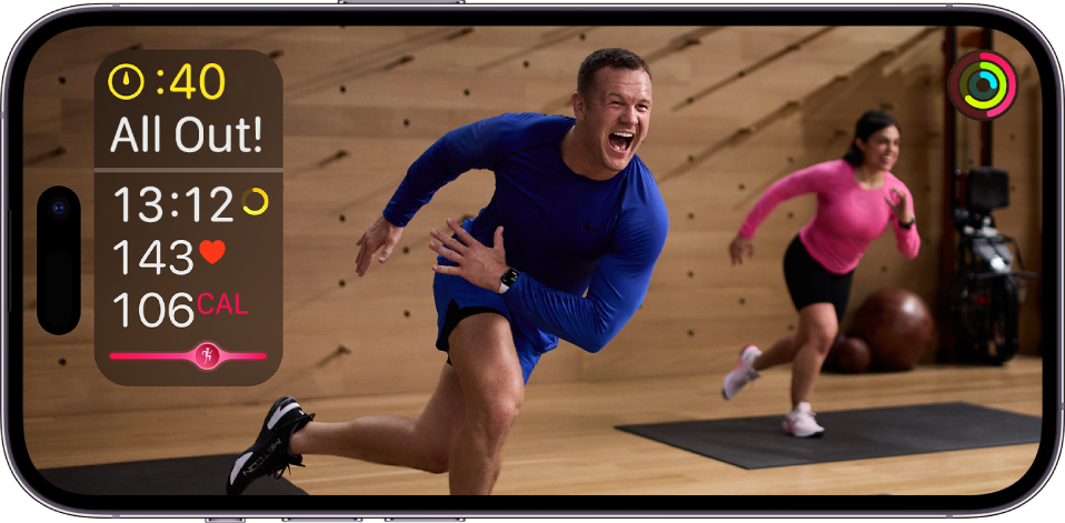 Un exercice Fitness  sur l’iPhone affichant le temps restant, la fréquence cardiaque et le nombre de calories brûlées.