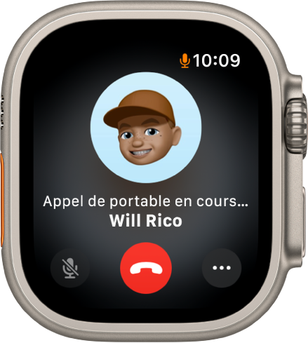 L’app Téléphone affichant un appel en cours. Une image d’un contact figure au milieu avec les mots « Appel portable » et le nom du contact en dessous. En bas de l’écran se trouvent les boutons Silence, Raccrocher et Plus d’options.