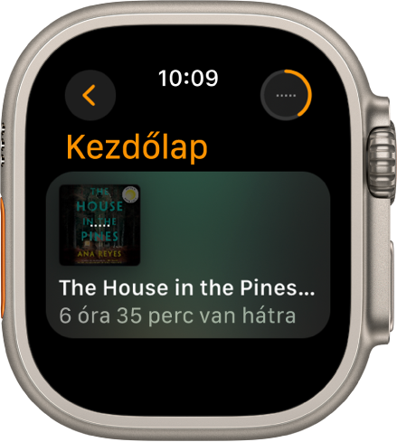 A Hangoskönyvek app főképernyője. A Lejátszás alatt gomb a jobb felső részen található. A lejátszás alatt álló könyv középen, a hátralévő idő pedig a cím alatt látható.