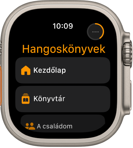 A Hangoskönyvek app a Kezdőlap, a Könyvtár és a Családom gombokkal.