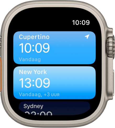 De Wereldklok-app, met een lijst met steden.