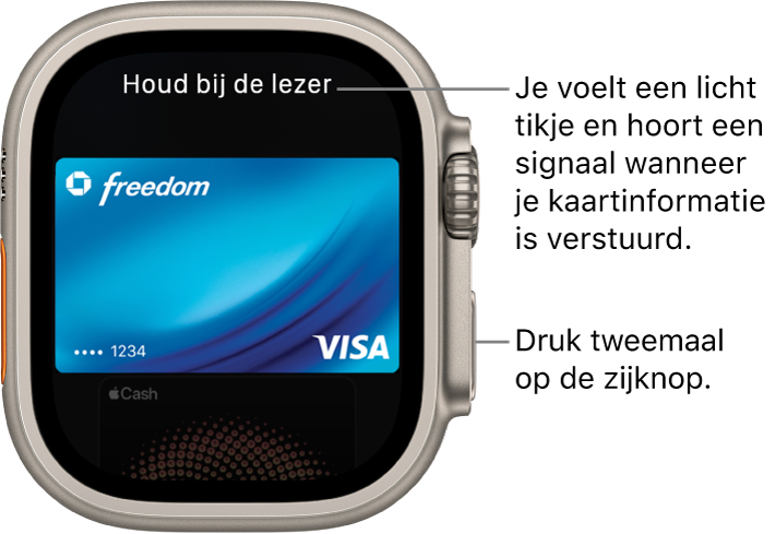 Apple Pay-scherm met bovenin 'Houd bij de lezer'; je voelt een licht tikje en hoort een geluidssignaal wanneer je kaartgegevens zijn verstuurd.