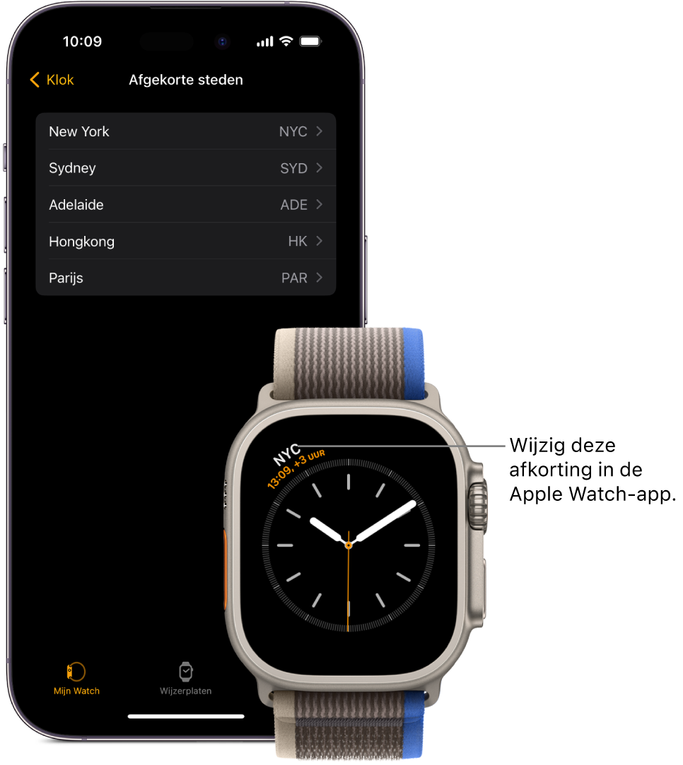 Een iPhone en een Apple Watch naast elkaar. Op het Apple Watch-scherm is de tijd in New York te zien (aangeduid met de afkorting "NYC"). Het iPhone-scherm toont de lijst met steden in de klokinstellingen in de Apple Watch-app.