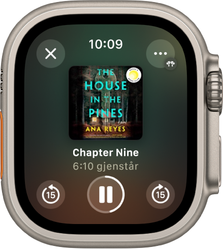 Avspillingsskjermen for en lydbok. Lukk-knappen er øverst til venstre, Mer-knappen er øverst til høyre, gå tilbake 15 sekunder-knappen er nederst til venstre, Spill av / Sett på pause-knappen er nederst i midten, og gå fram 15 sekunder-knappen er nederst til høyre. I midten er bokomslaget, kapittelnummeret og gjenværende tid for kapittelet.