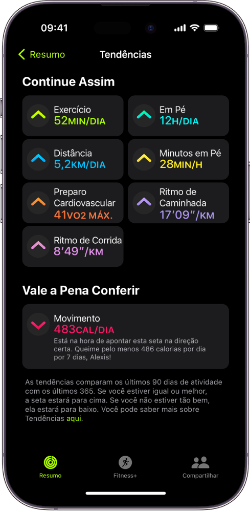 A aba Tendências do app Atividade no iPhone. Várias métricas aparecem abaixo do título Tendências, perto da parte superior da tela. As métricas incluem Exercício, Ficar em Pé, Distância, dentre outras. Movimento aparece abaixo do título Vale a Pena Conferir.