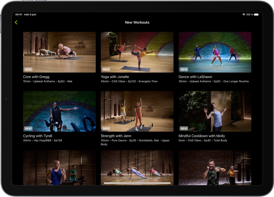 En iPad visar Fitness -träningar i kategorin New Workouts.