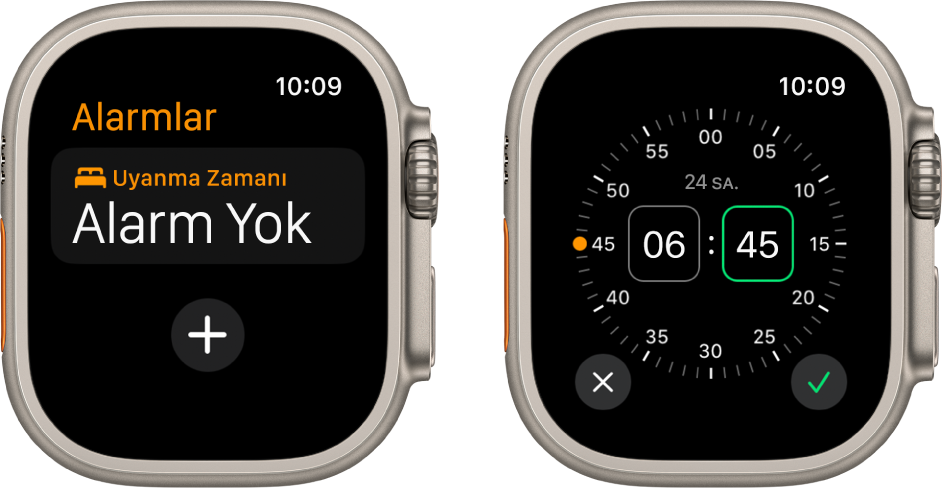 Alarm ekleme işlemlerini gösteren iki saat kadranı: Alarm Ekle’ye dokunun, ÖÖ’ye veya ÖS’ye dokunun, saati ayarlamak için Digital Crown’u çevirin, sonra denetle düğmesine dokunun.