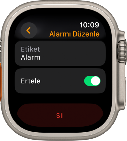 Altta Sil düğmesiyle birlikte Alarm düzenleme ekranı.