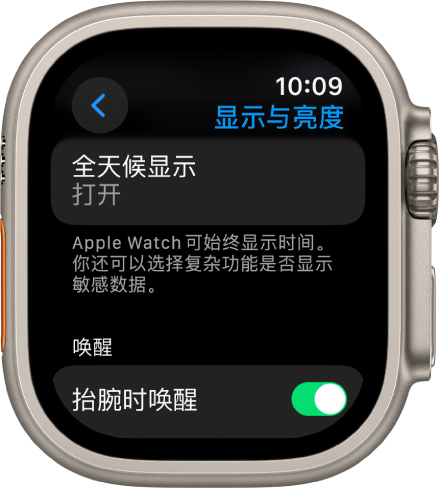 “显示与亮度”屏幕，显示“全天候显示”按钮。