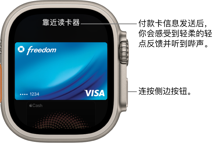 Apple Pay 屏幕顶部为“靠近读卡器”；付款卡信息发送后，你会感到轻柔的轻点动作并听到哔声。