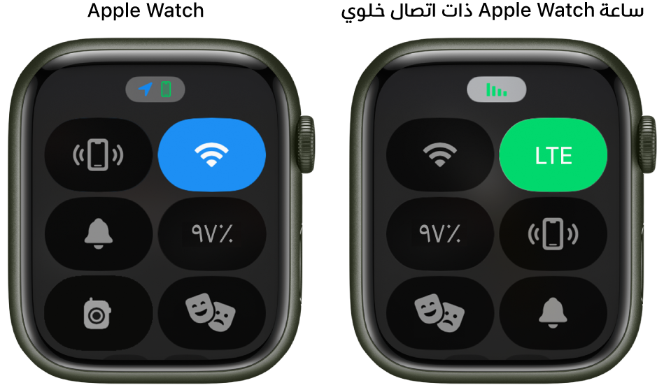 مركز التحكم على شاشتي Apple Watch. على اليمين، يظهر Apple Watch ‏(GPS ) ويعرض أزرار Wi-Fi واختبار اتصال الـ iPhone والبطارية ونمط صامت ونمط المسرح ووكي توكي. على اليمين، يظهر Apple Watch ‏(GPS   خلوي) ويعرض أزرار خلوي و Wi-Fi واختبار اتصال الـ iPhone والبطارية ونمط صامت ونمط المسرح.