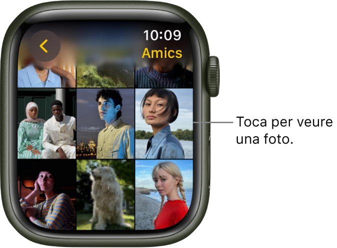 Pantalla principal de l’app Fotos de l’Apple Watch amb diverses fotos mostrades en una quadrícula.