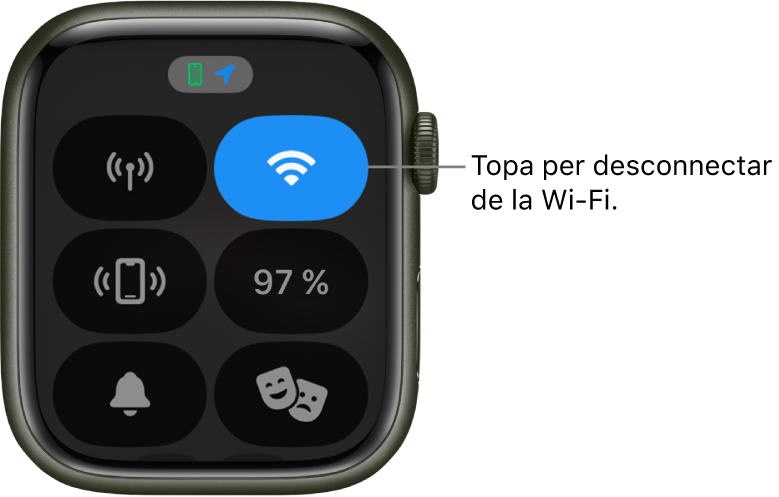 Centre de control de l’Apple Watch (GPS   dades mòbils) amb el botó de Wi-Fi a la part superior dreta. La crida diu: “Toca per desconnectar la Wi-Fi”.