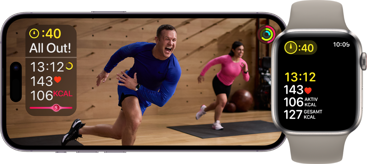 Ein Fitness -Training auf dem iPhone und der Apple Watch mit der verbleibenden Zeit, der Herzfrequenz und dem Kalorienverbrauch.