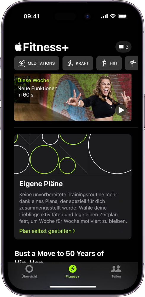 Die Apple Fitness -Anzeige mit verschiedenen Trainingsarten in der oberen Reihe von links nach rechts. Darunter ist der Bereich „Diese Woche“. Darunter siehst du den Bereich „Eigener Plan“.