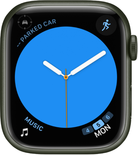 The Color watch face, where you can adjust the color of the watch face. It shows four complications: Parked Car Waypoint at the top left, Workout at the top right, Music at the bottom left, and Calendar at the bottom right.