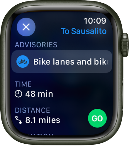 The Maps app showing details for a cycling journey. Advisories about the route appear near the top, and the time and distance to the destination appear below that. A Go button is at the bottom right.