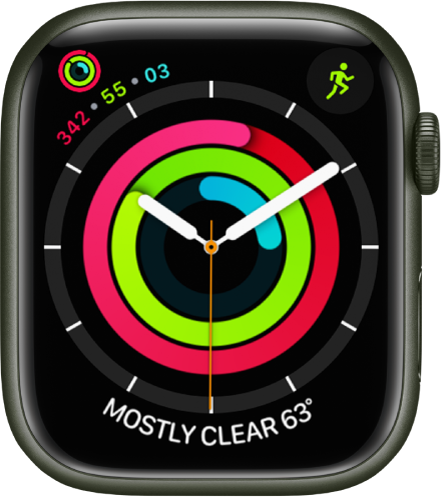 Activity Analog watch face showing the time as well as Move, Exercise, and Stand goal progress. There are also three complications: Activity at the top left, Workout at the top right, and Weather Conditions at the bottom.