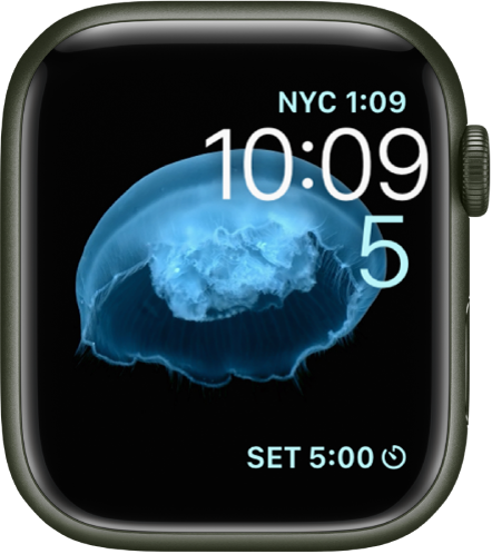 The Motion watch face showing a jellyfish. You can choose which object is in motion and add several complications. A World Clock complication is at the top right, the time and date are below, and a Timer complication is at the bottom.