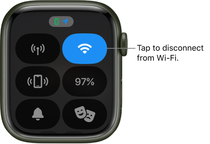 Control Center on Apple Watch (GPS   Cellular), with Wi-Fi button at the top right. Callout reads “Tap to disconnect from Wi-Fi.”