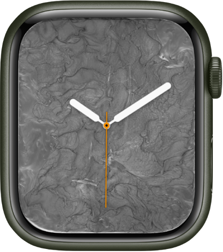 The Liquid Metal watch face showing an analog clock in the middle and liquid metal around it.