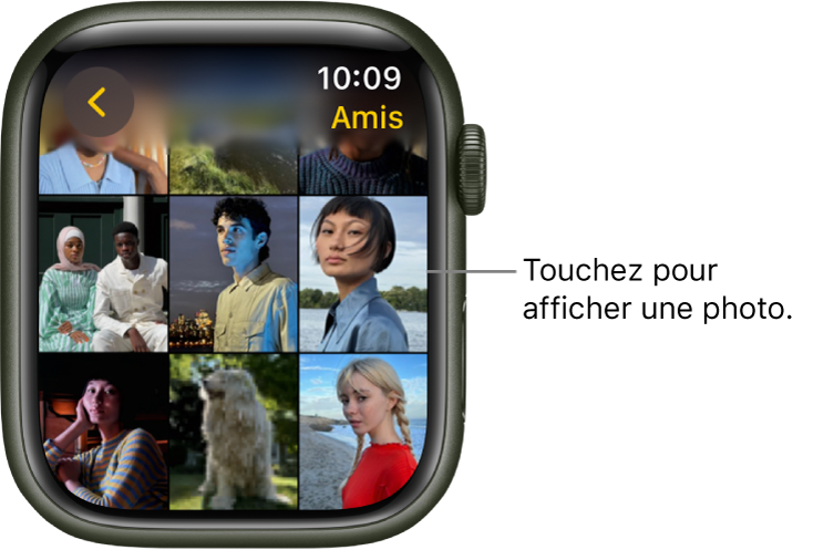 Écran principal de l’app Photos sur l’Apple Watch, avec plusieurs photos dans la grille.