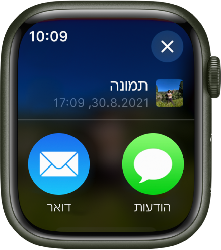 מסך השיתוף ביישום ״תמונות״. התמונה ששיתפת מוצגת בראש המסך והכפתורים של ״הודעות״ ו״דואר״ מתחת.