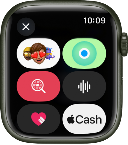 U aplikaciji Poruke navedene su opcije za poruke, što uključuje tipke Memoji, Lokacija, GIF, Audio, Digital Touch i Apple Cash.