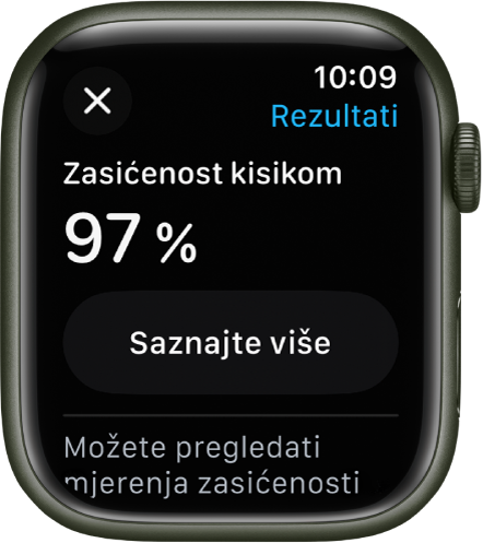 Zaslon s rezultatima zasićenosti kisikom s prikazom zasićenosti kisikom od 97 posto. Tipka Saznajte više nalazi se ispod.