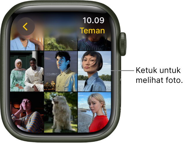 Layar utama app Foto di Apple Watch, dengan beberapa foto yang ditampilkan dalam grid.