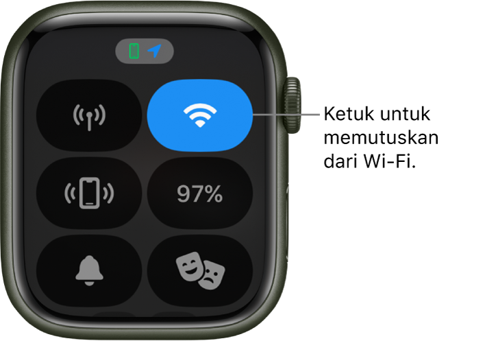 Pusat Kontrol di Apple Watch (GPS   Cellular), dengan tombol Wi-Fi di kanan atas. Callout bertuliskan “Ketuk untuk memutuskan dari Wi-Fi.”