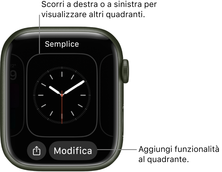 Quando premi con decisione il quadrante, visualizzi quello attuale con i pulsanti Personalizza e Modifica in basso. Il nome del quadrante è in alto. Scorri verso destra o verso sinistra per vedere le altre opzioni. Tocca una complicazione per aggiungere le funzionalità che desideri.