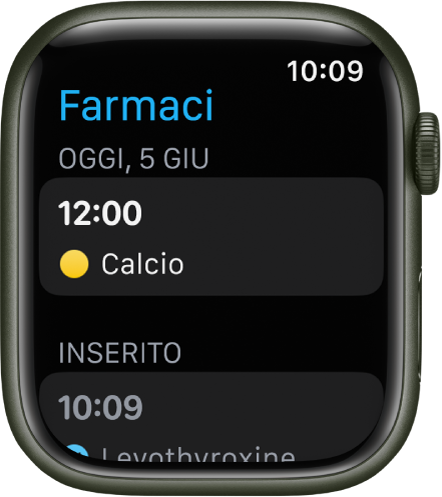 L’app Farmaci con un elenco di medicinali da assumere e registrati.