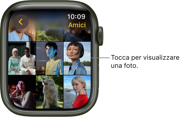 La schermata principale dell’app Foto su Apple Watch, con alcune foto visualizzate in una griglia.